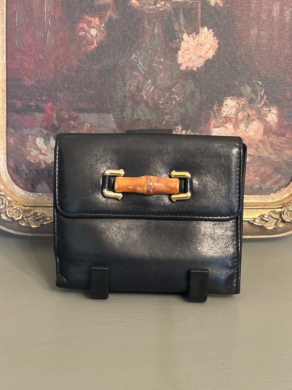 Gucci Black Leather Bamboo Wallet- Vintage